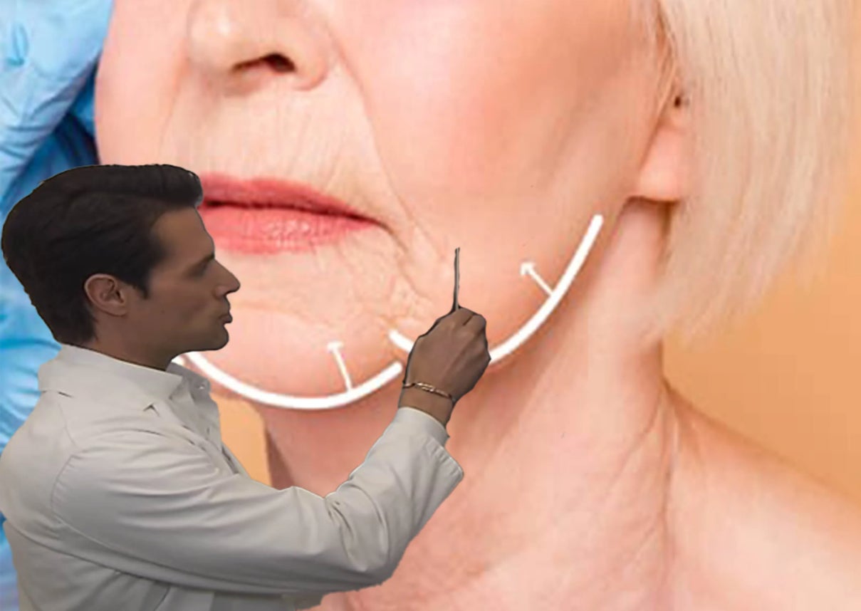 A “doctor” pictured in a Parler email points out what your jowls might look like.