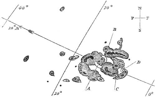Carrington’s sketch of the sunspots—the bright flares are marked A and B.