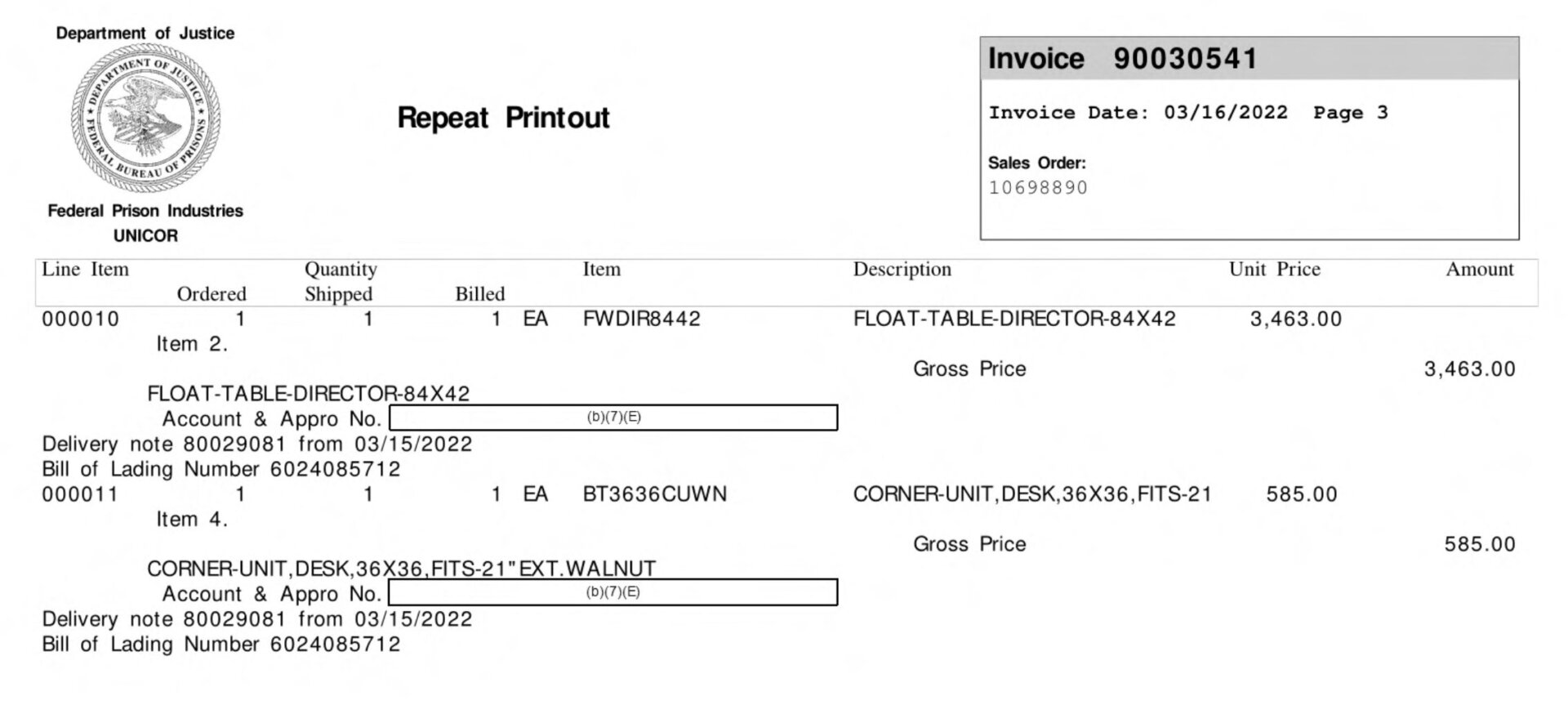 Invoice sent by Unicor to ICE for a float table and a corner desk on March 16, 2022.
