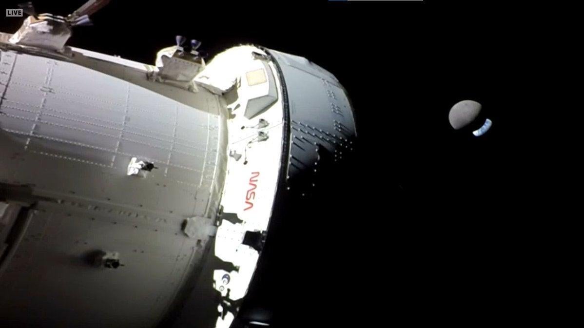 An absolutely surreal view of the Moon eclipsing Earth, as observed by Orion earlier today.