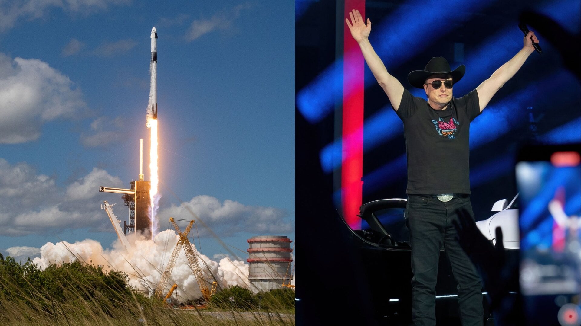 SpaceX’s Falcon 9 rocket launching from Cape Canaveral, and Elon Musk looking his best.