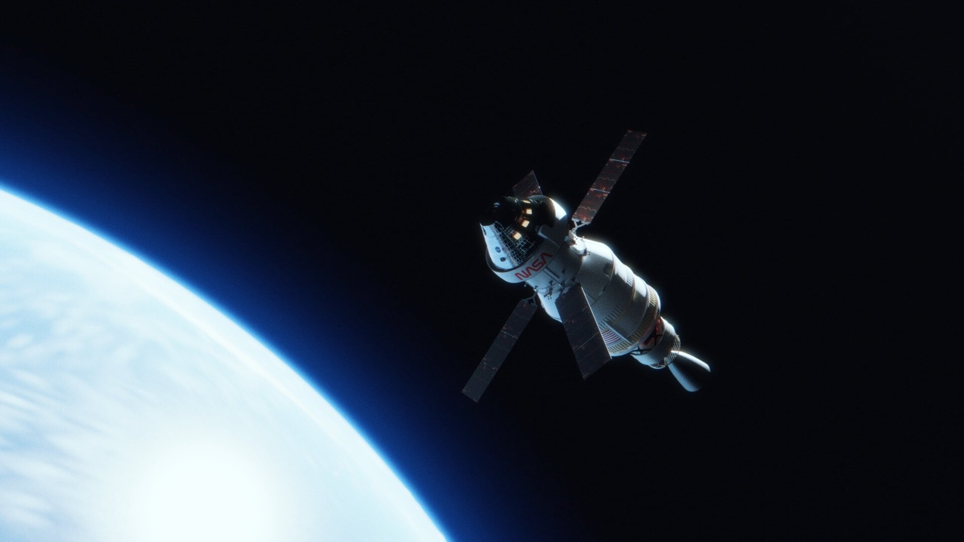 An artist’s concept of the Artemis 1 mission shortly after launch with a fully extended solar wing array.