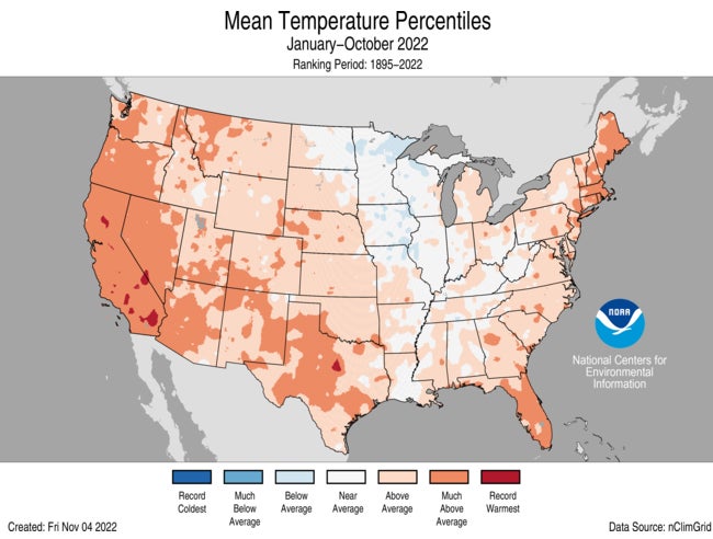 Higher-than-average temperatures for the U.S. from January to October. 