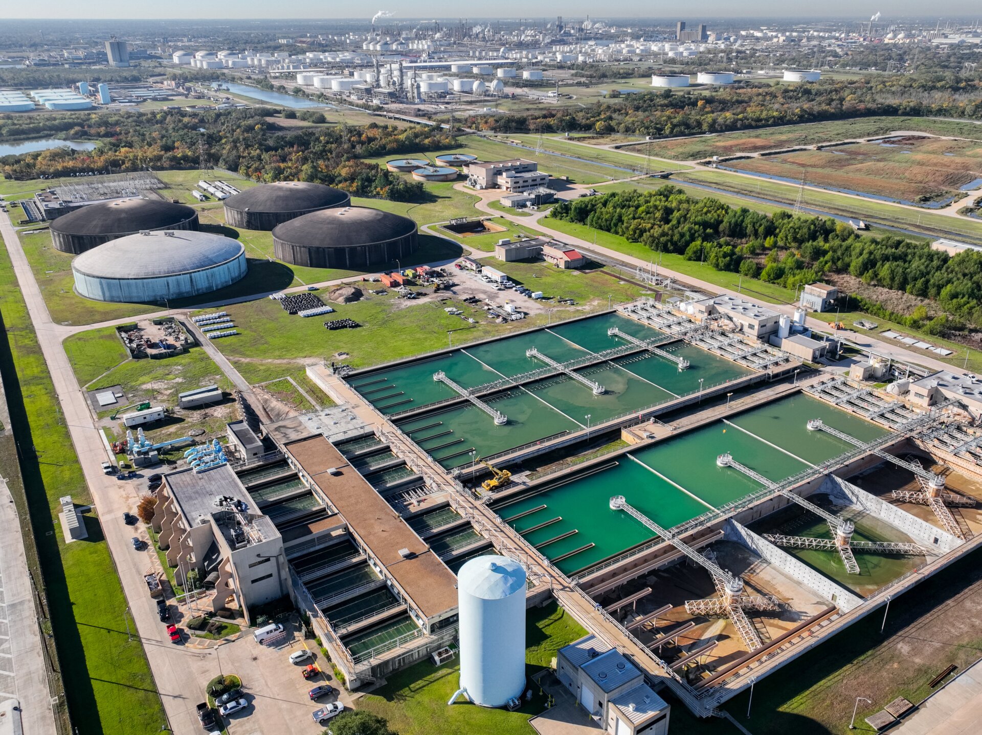 In an aerial view, the East Water Purification Plant is seen on November 28, 2022 in Galena Park, outside Houston, Texas