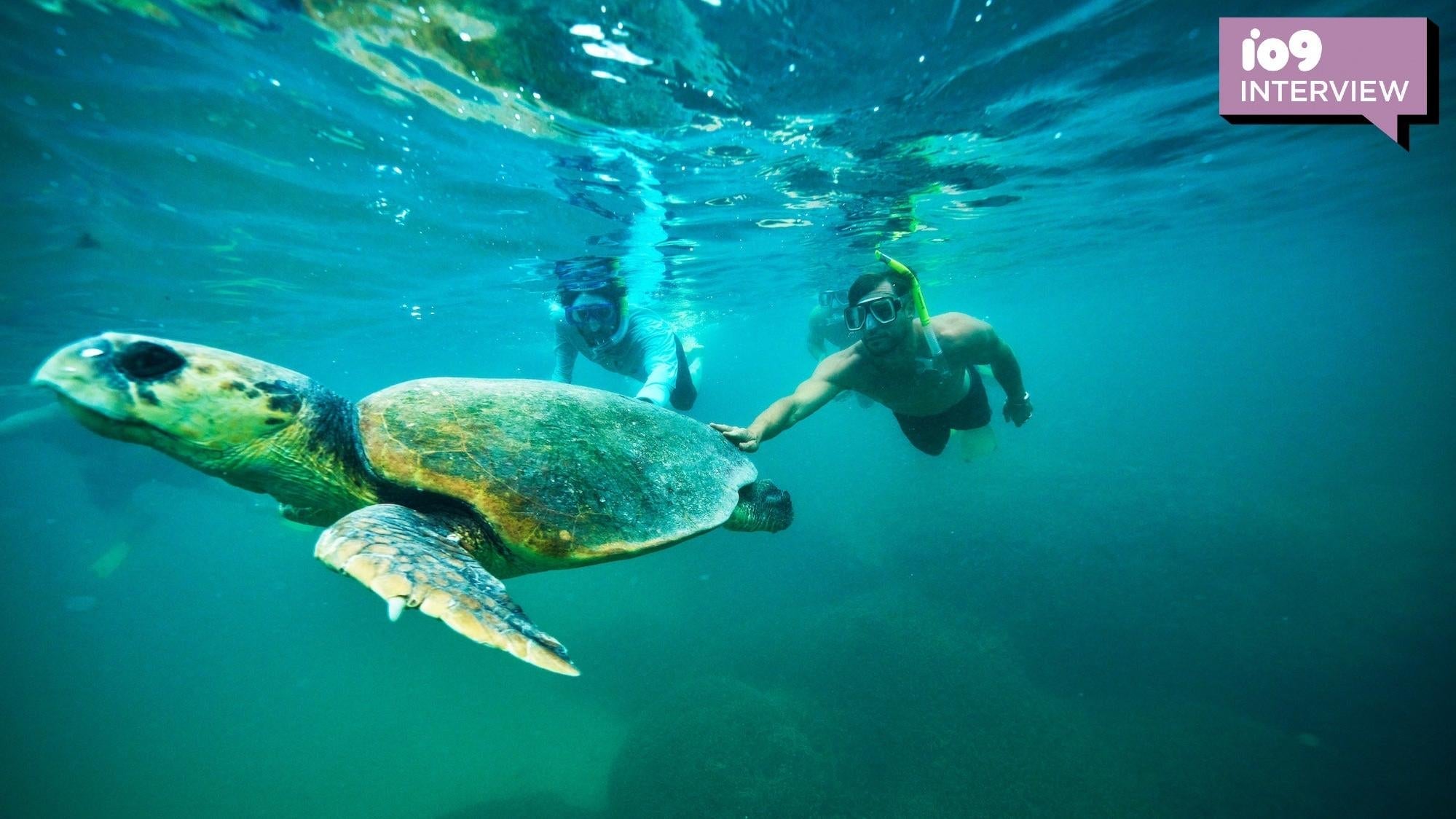Professional freediver Tanya Streeter and Marvel star Chris Hemsworth swim with a turtle.