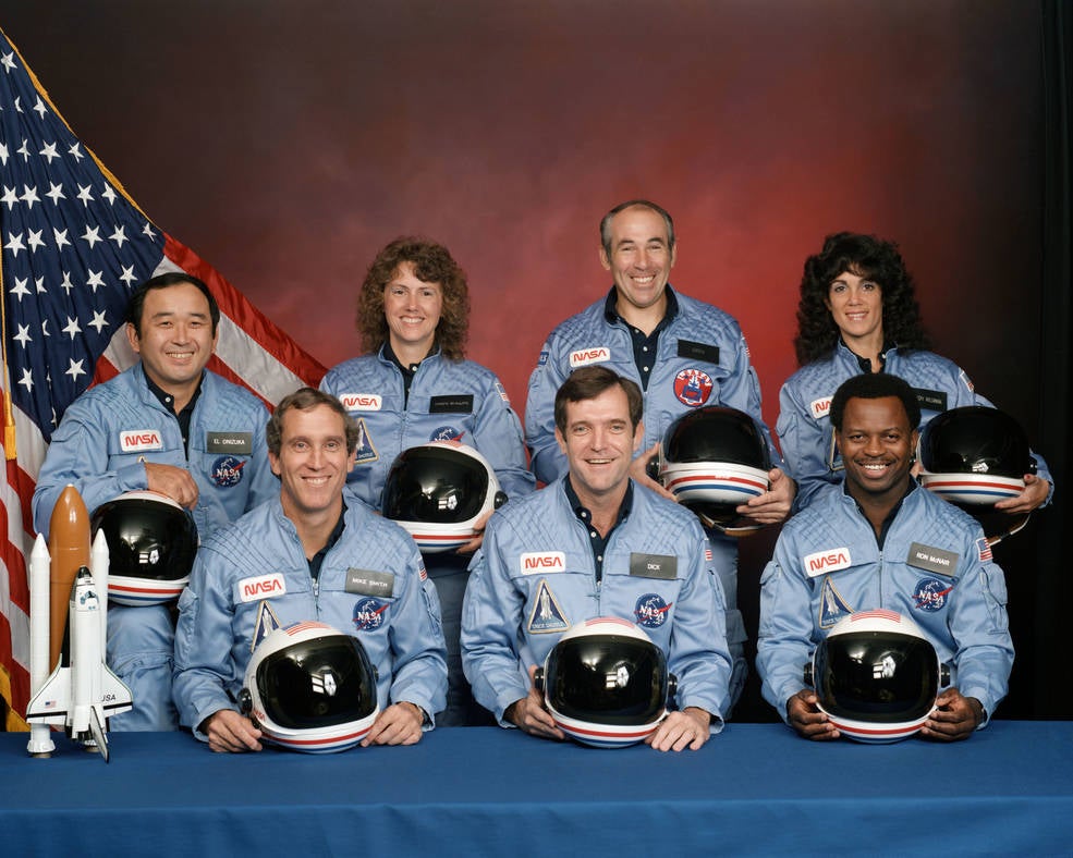 The Challenger crew. Clockwise from left: Ellison S. Onizuna, S. Christa McAuliffe, Gregory B. Jarvis, Judith A. Resnik, Ronald E. McNair, Francis R. Scobee, and Michael J. Smith.