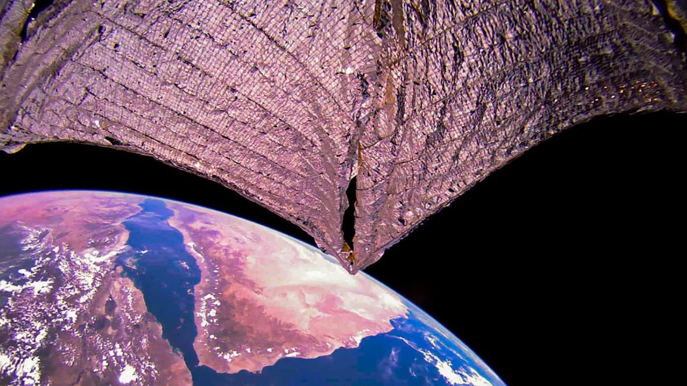 LightSail 2 soaring above the Arabian Peninsula and the Red Sea.