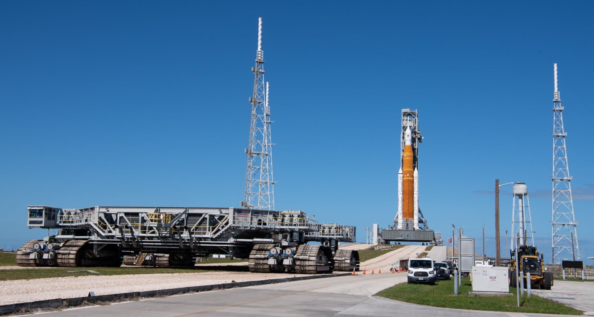 SLS at the Florida launch pad with Crawler-transporter 2 in the foreground.