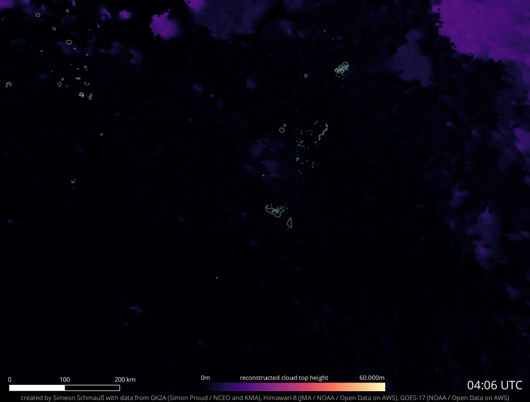An animated height map of the Tongan eruption in January 2022, generated with data from three weather satellites.