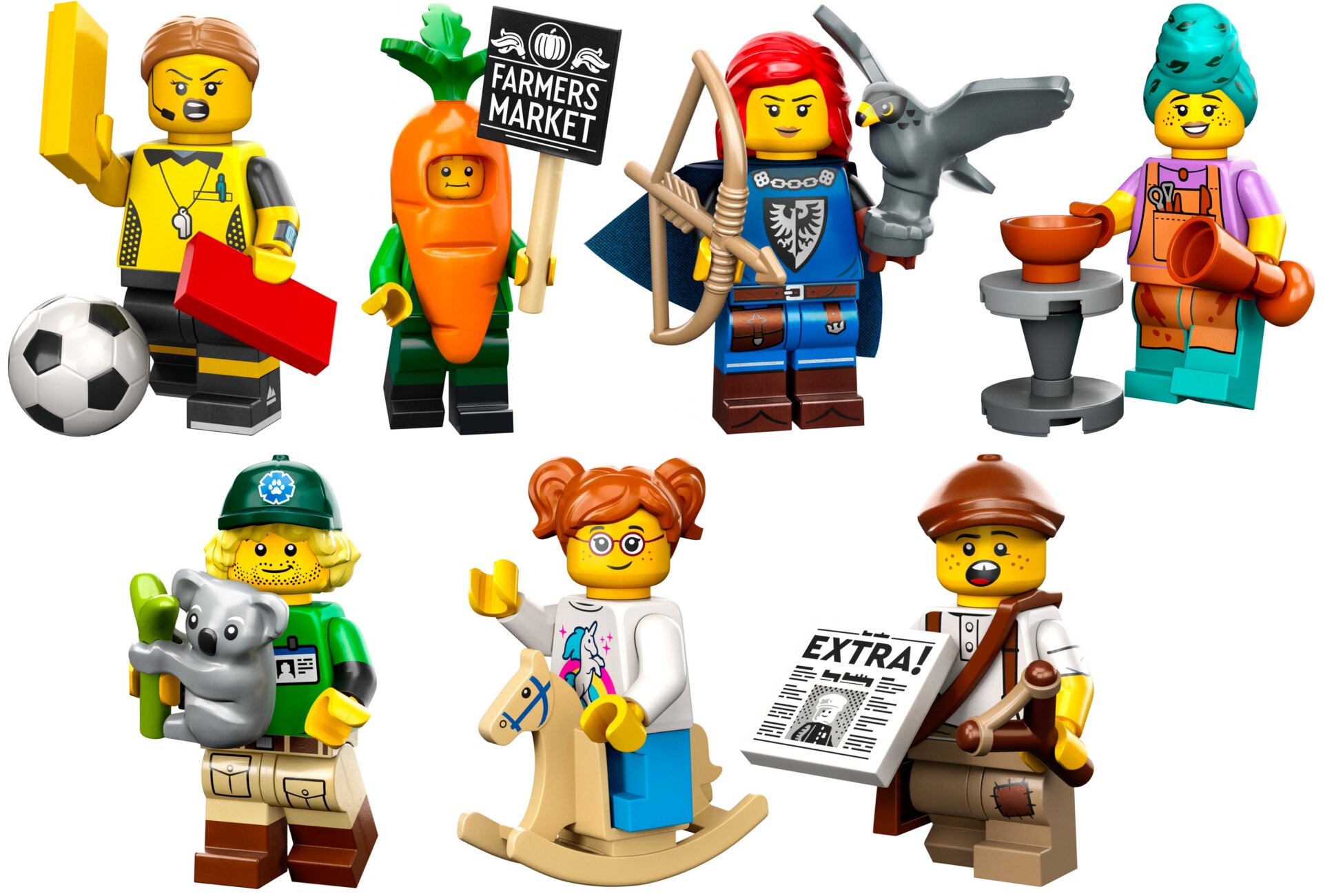 From left to right and top to bottom it’s a Lego Football Referee, Carrot Mascot, Falconer, Potter, Conservationist, Rockin’ Horse Rider, and Newspaper Kid. 