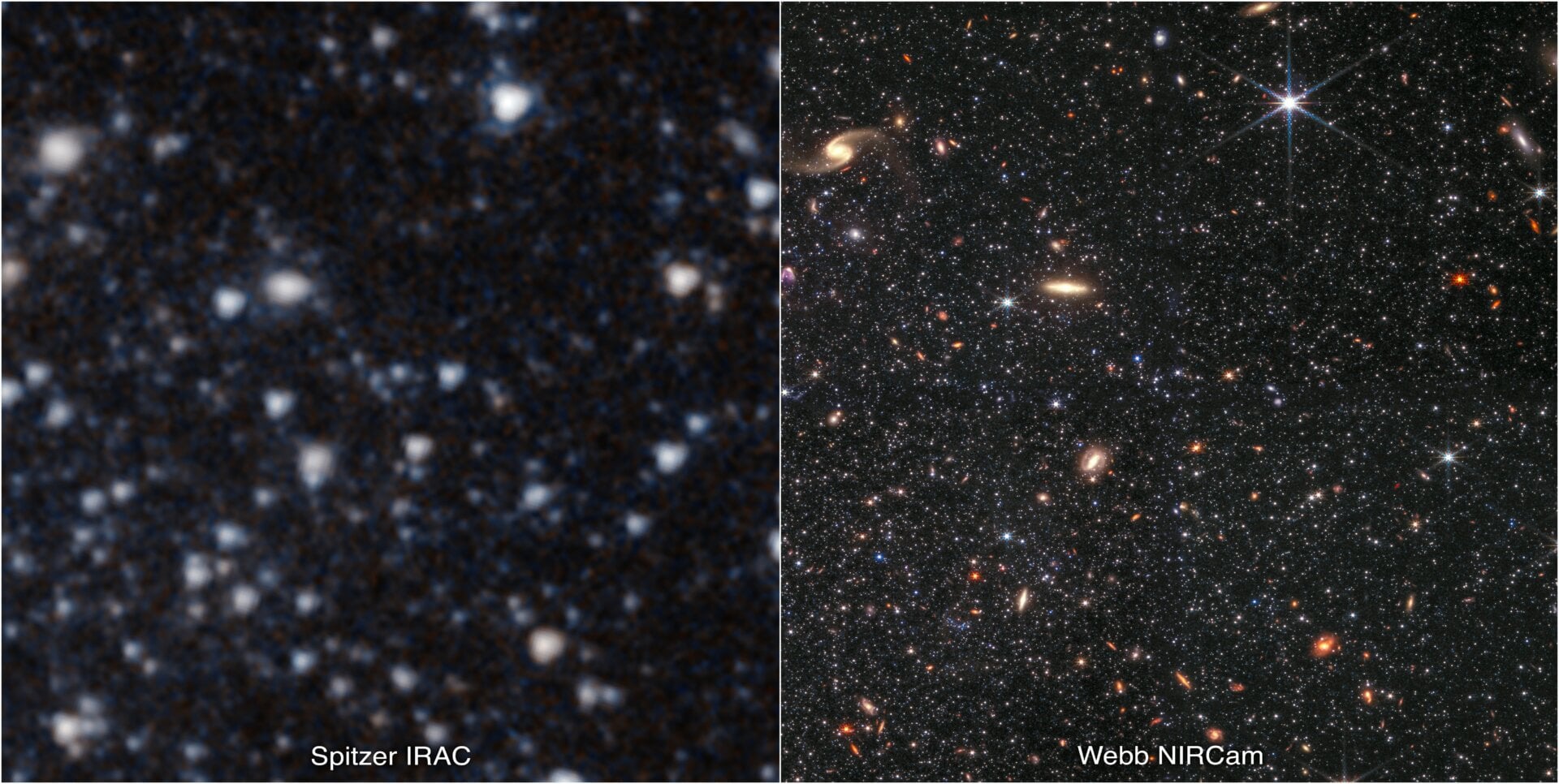 Spitzer (left) and Webb (right) images of the Wolf-Lundmark-Melotte dwarf galaxy, with more distant galaxies visible in the background.