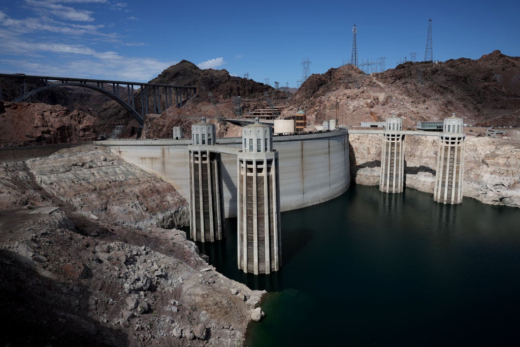 A view of water intake towers at the Hoover Dam on August 19, 2022 in Lake Mead National Recreation Area, Arizona.