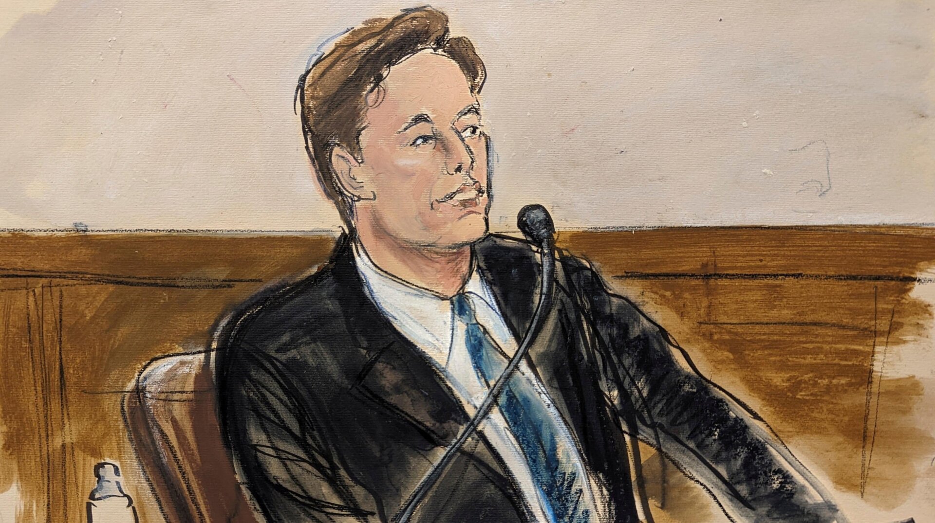 A courtroom sketch of Elon Musk as he worked to defend his $56 billion pay package he received from Tesla back in 2018.