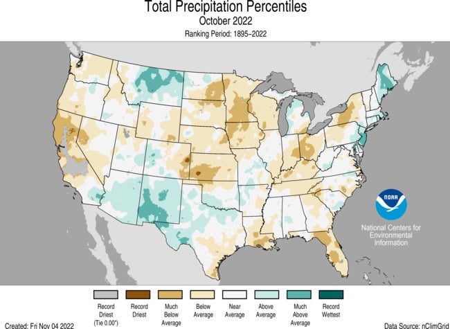 Large swaths of the U.S. saw below average precipitation in October 2022
