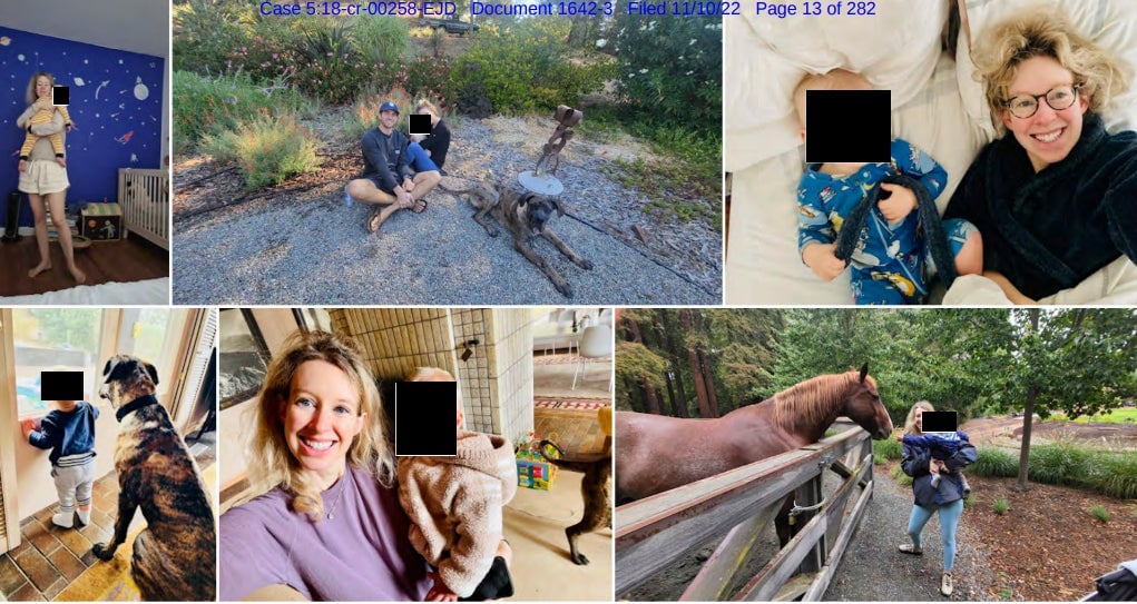 Elizabeth Holmes with her 1-year-old child in pictures sent to the court in support of a lenient sentence.