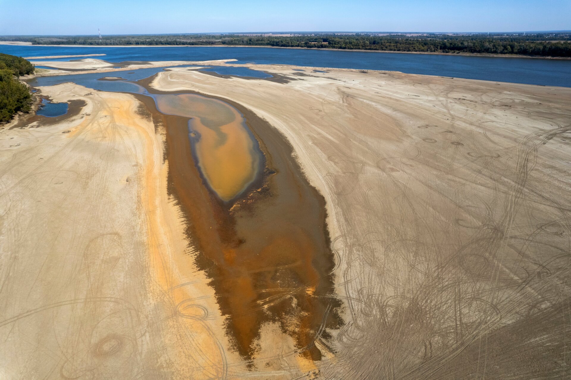 The normally wide Mississippi River has been reduced to a narrow trickle Thursday, Oct. 20, 2022, near Portageville, Mo.