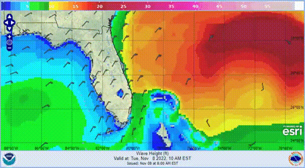 This colorful map shows Nicole’s forecast wind field, highlighting how wide the storm’s reach is expected to be. The worst winds will be concentrated in a small, central area—but tropical storm strength winds will extend out for hundreds of miles.