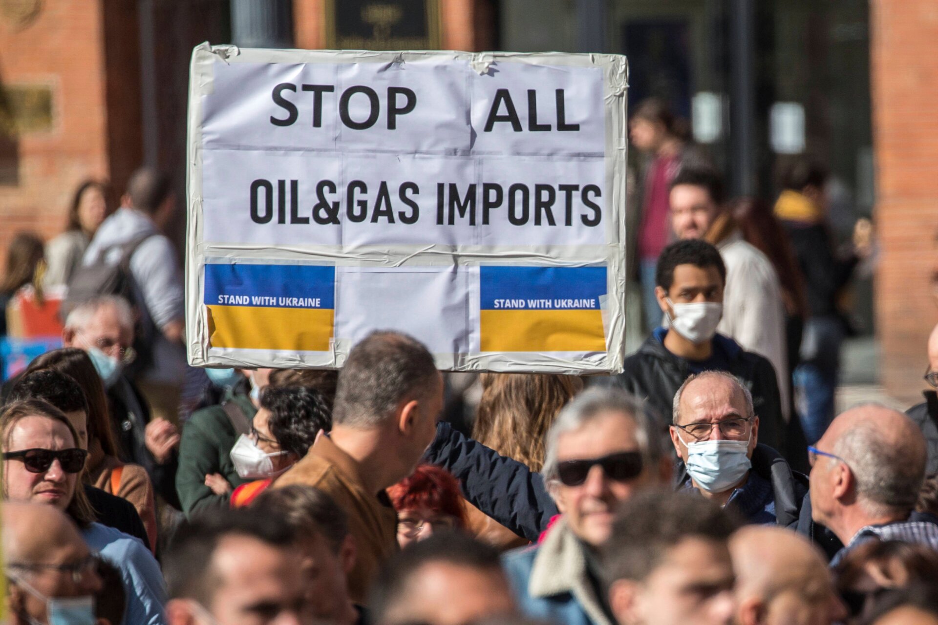 An anti-war protester in France in February. 