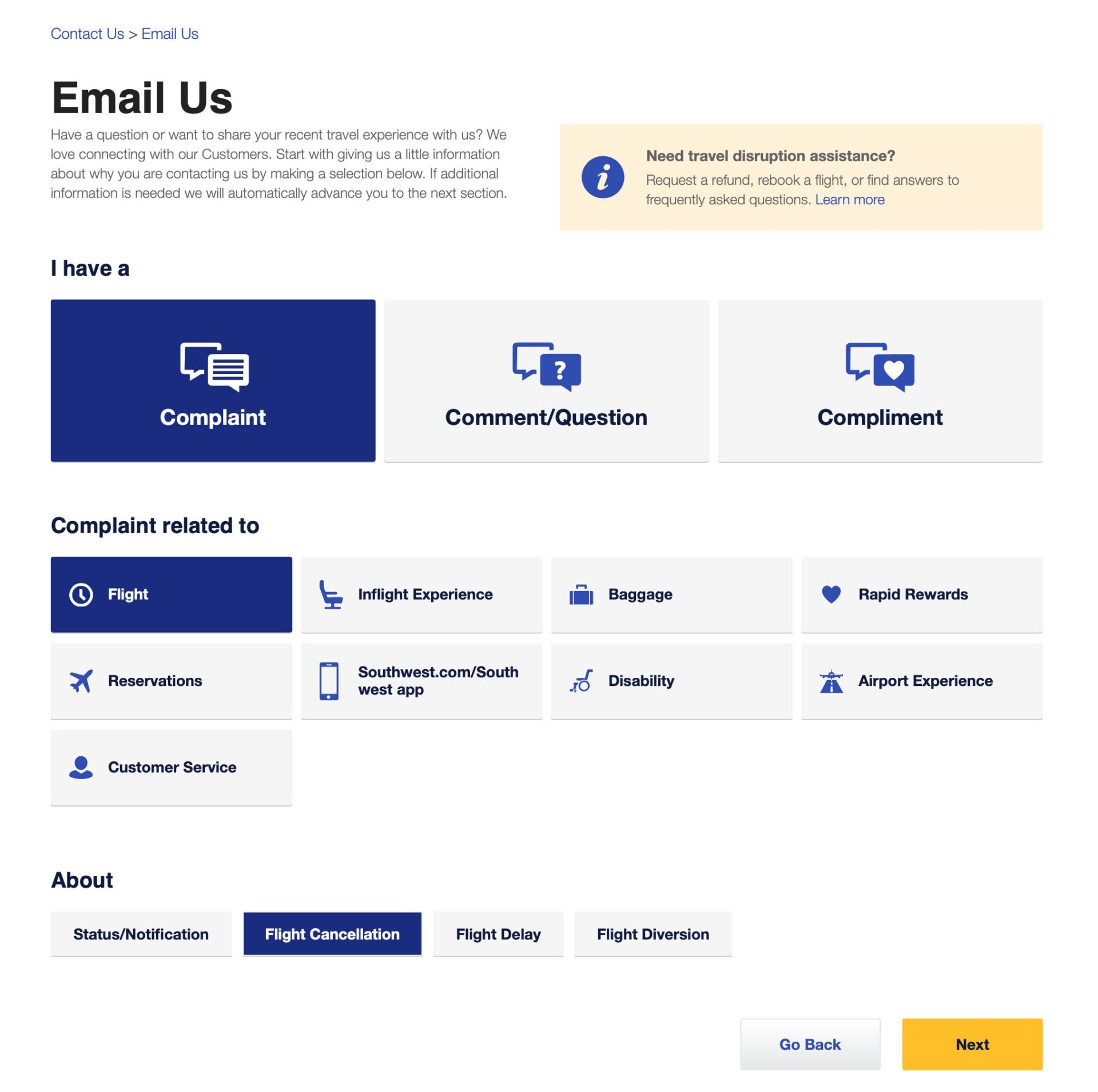 Select the following options to submit a complaint related to a flight cancellation and request reimbursement.