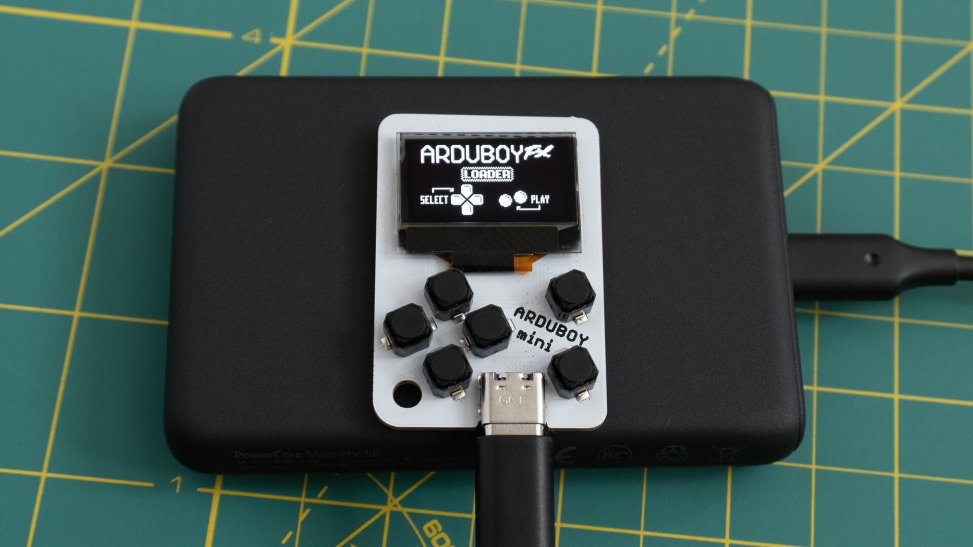 Out of the box you’ll need to connect the Arduboy Mini to a power source with a USB-C cable.