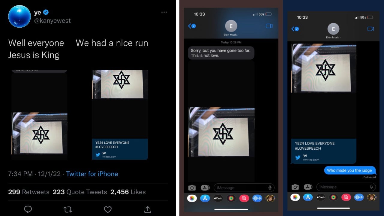 A tweet sent by Kanye West on Thursday night, including screenshots of his text conversations with Elon Musk.