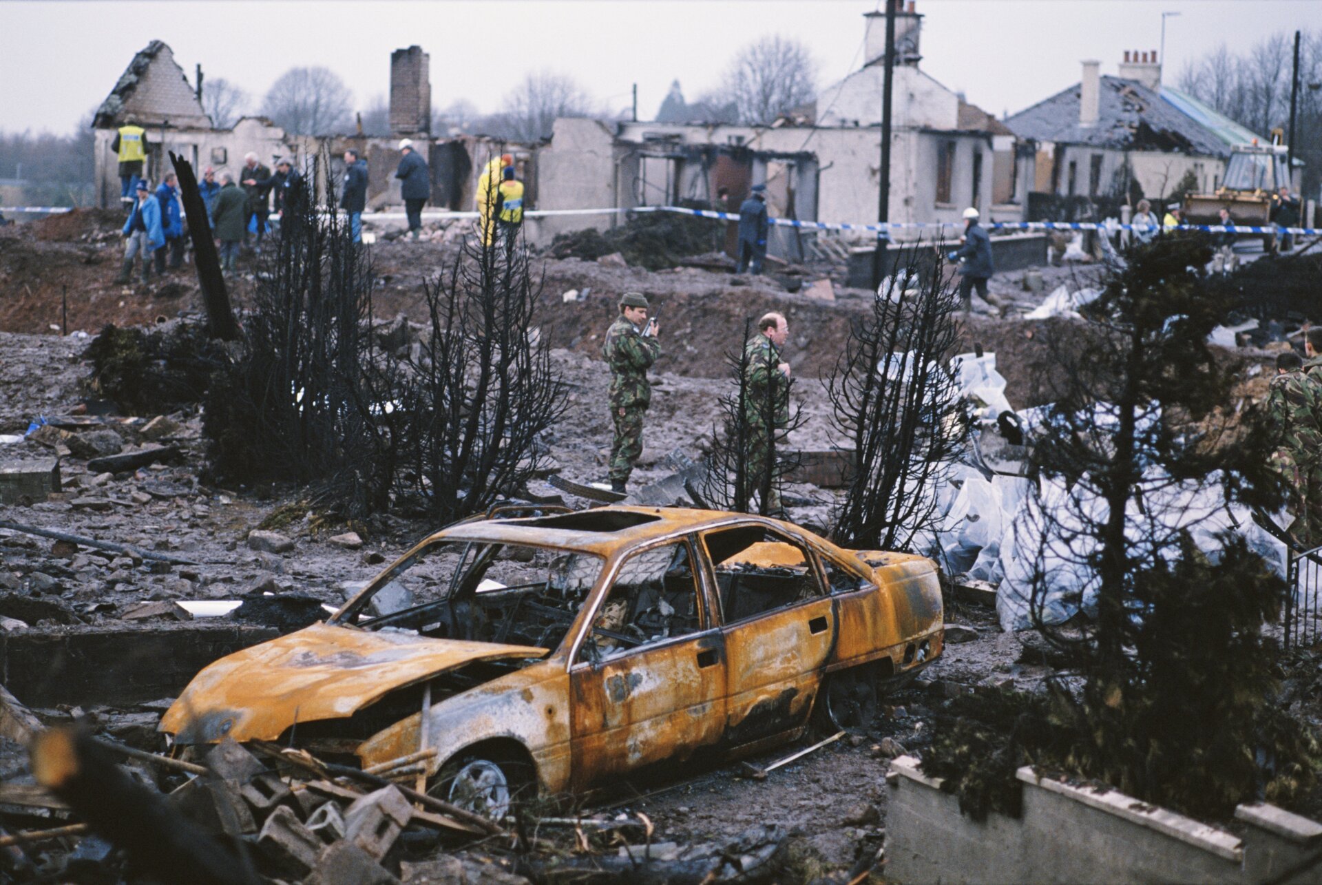 Some of the destruction caused by Pan Am Flight 103 after it crashed onto the town of Lockerbie in Scotland, on December 21,1988.