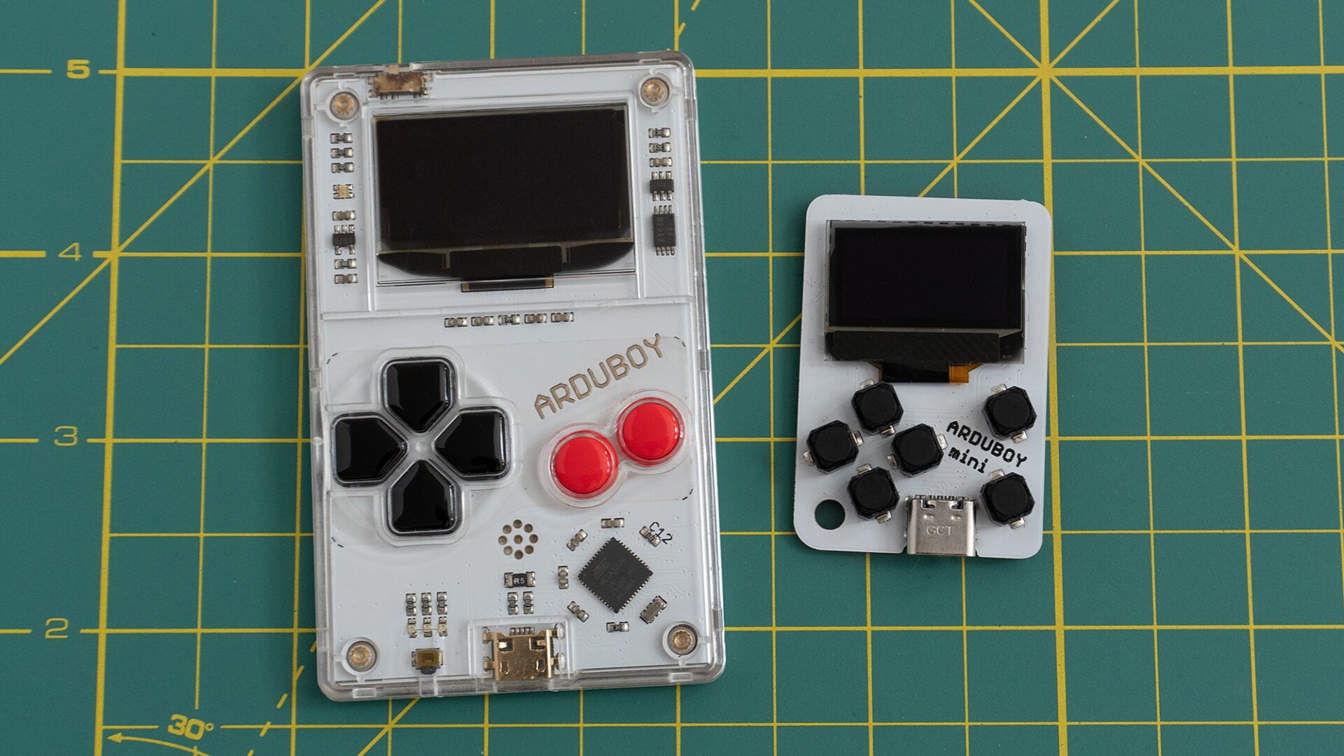 The Arduboy Mini (right) compared in size to the original Arduboy (left).