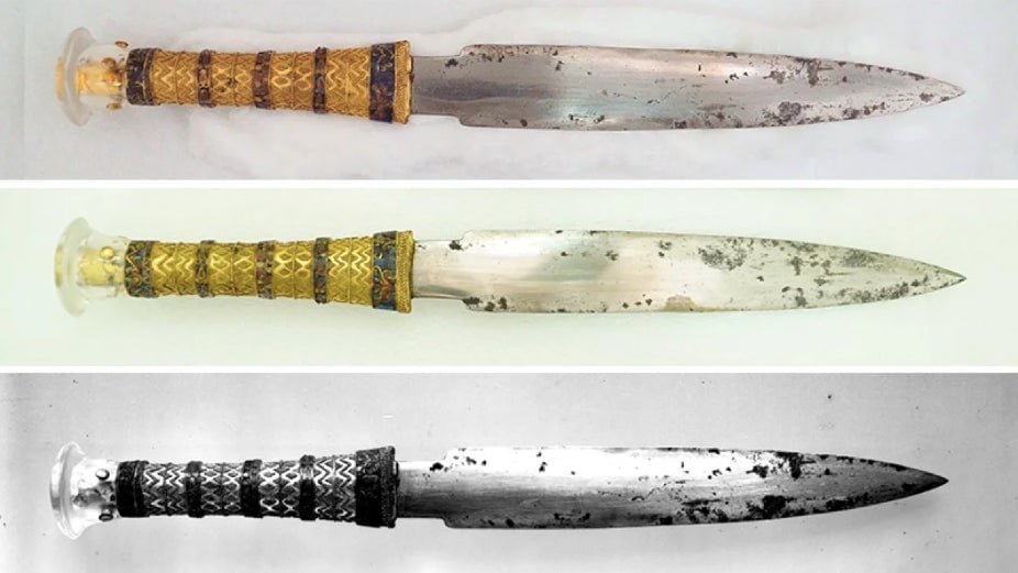 Top two: the two sides of Tutankhamun’s dagger. Bottom: the dagger as it was photographed in 1925.