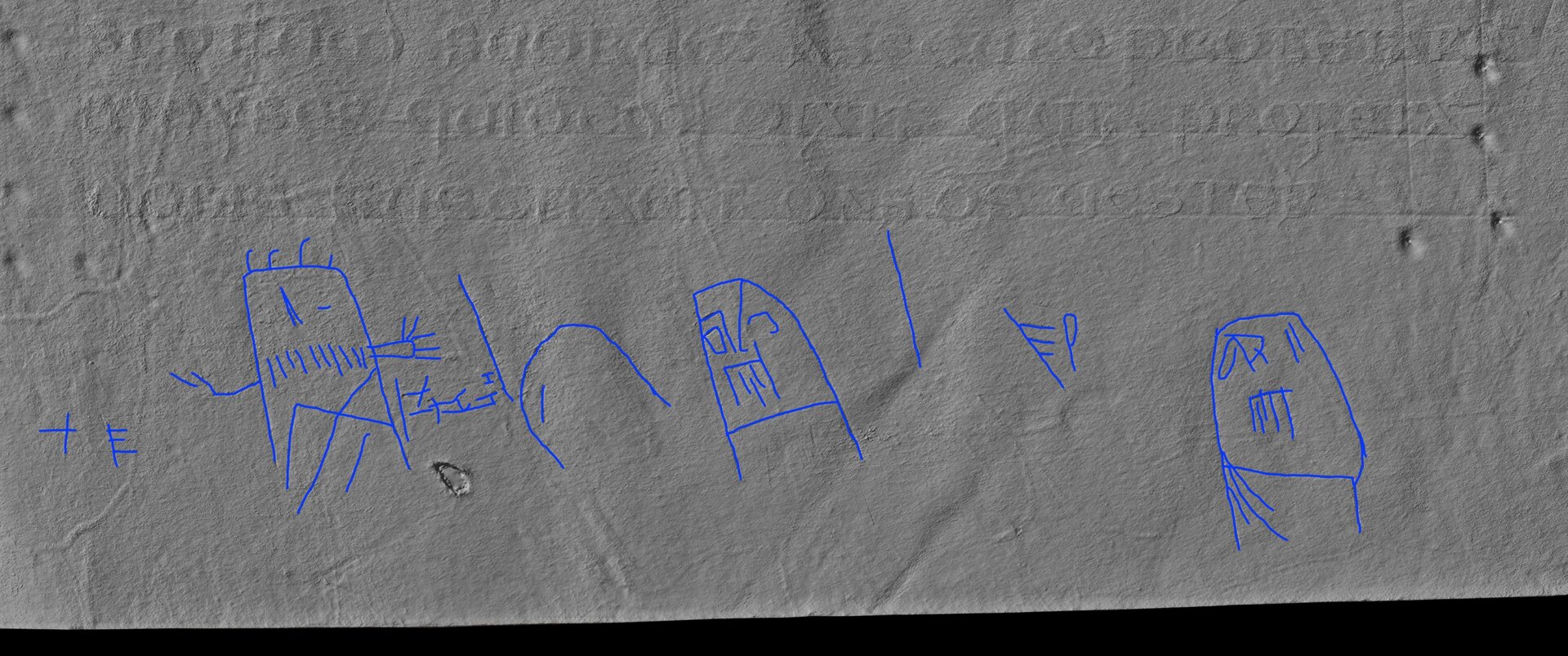 Humanoid figures doodled at the bottom of one margin.