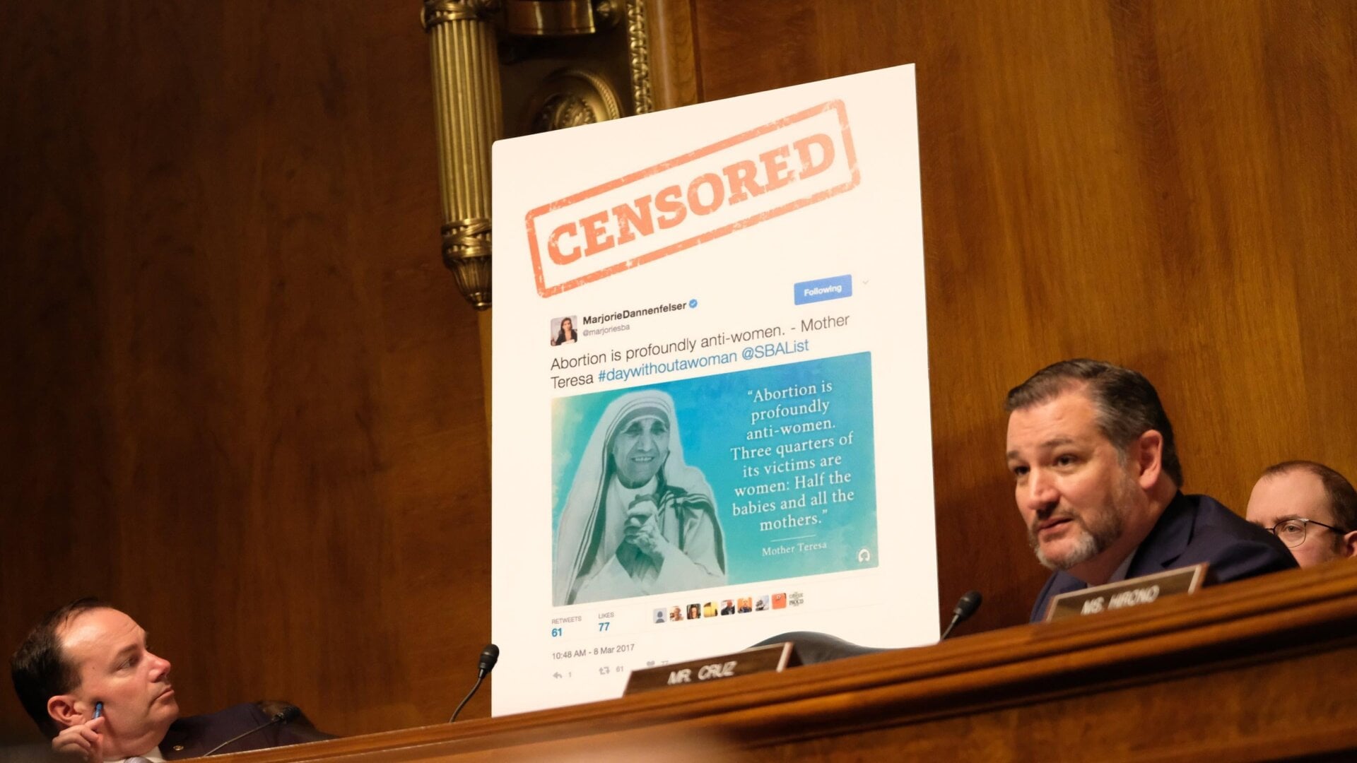 Texas Senator Ted Cruz discusses social media censorship at a committee hearing.
