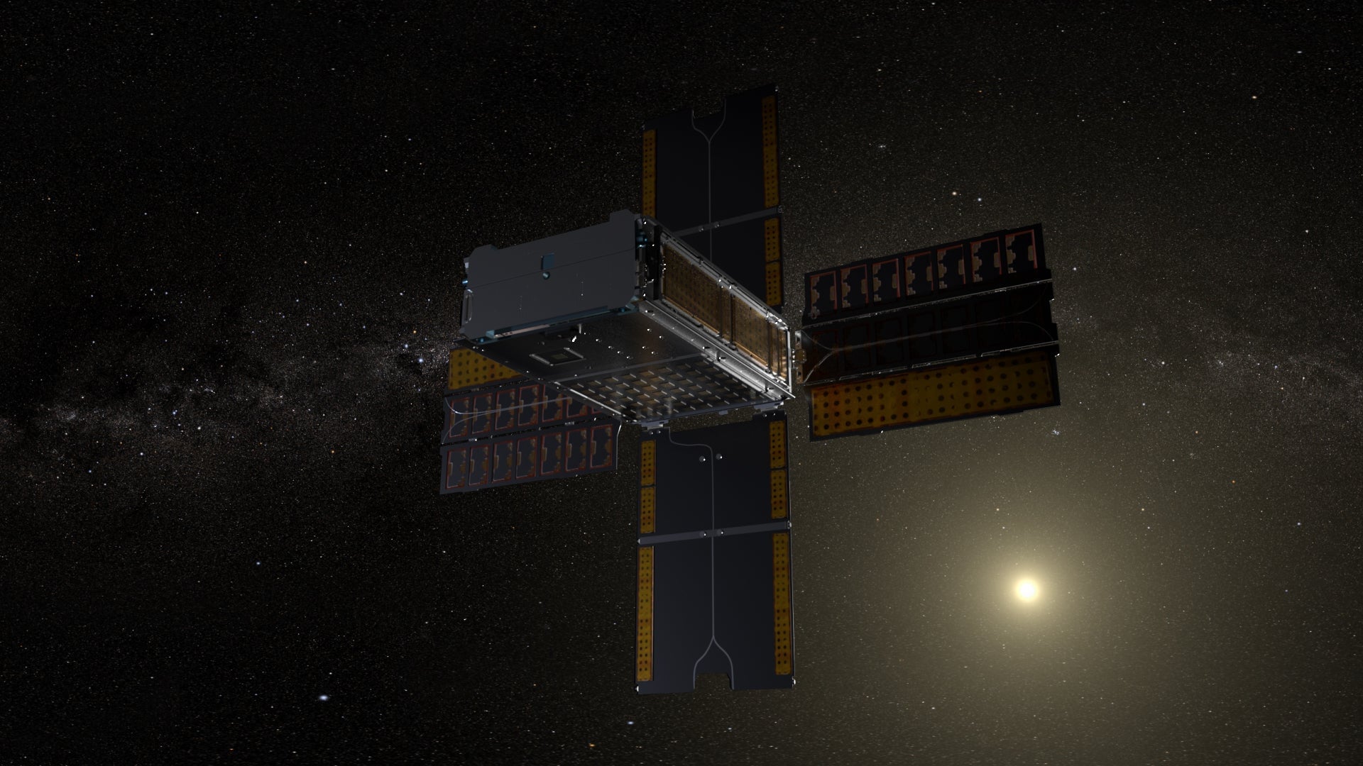 An artist’s rendition of the BioSentinel spacecraft, which is a shoebox-sized CubeSat.