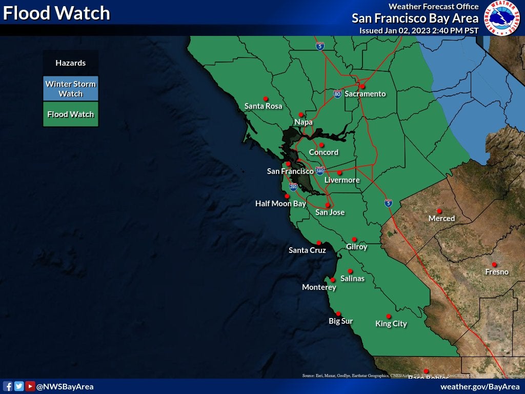 Most of Northern California and the Bay Area are under a flood watch Wednesday and Thursday. 