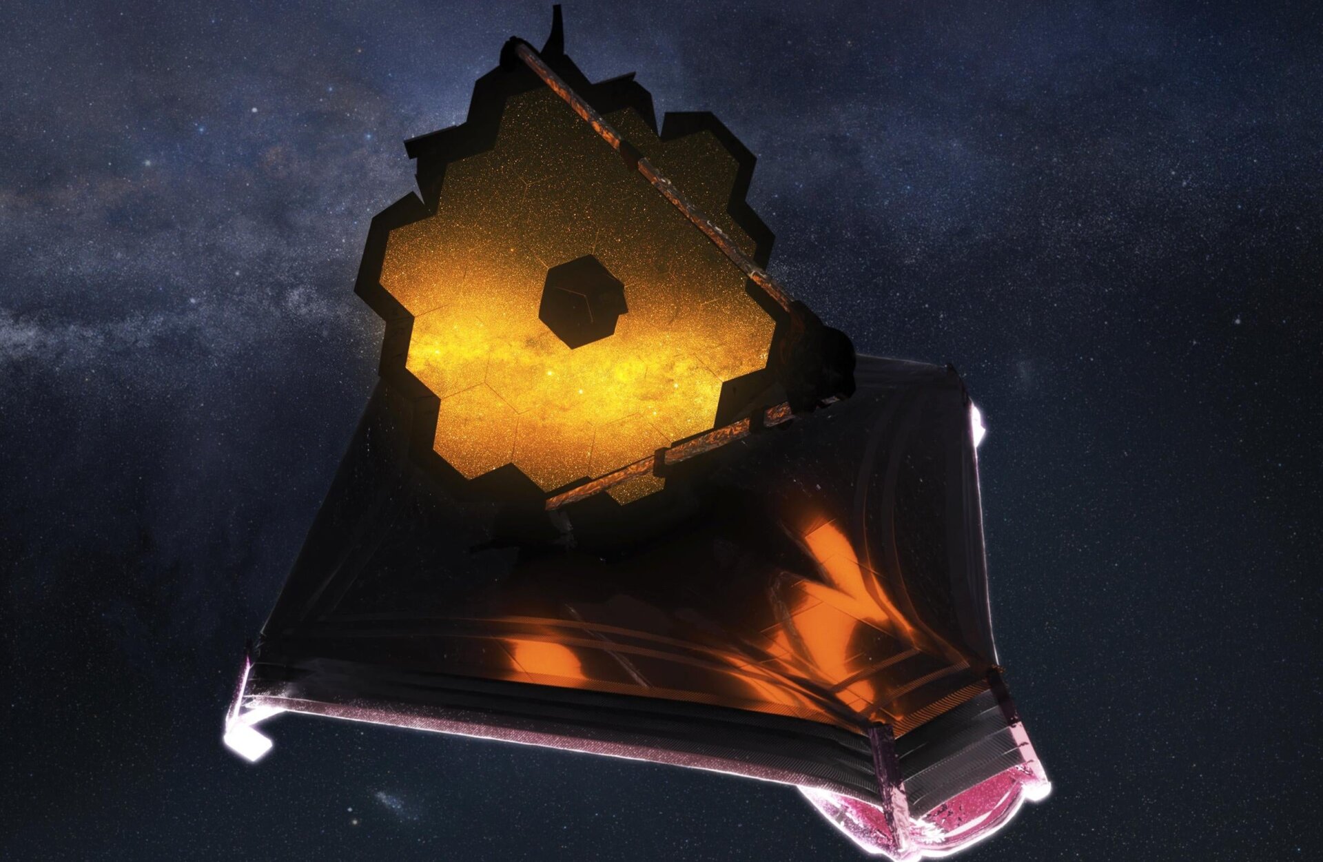 An artist’s conception of the Webb telescope in space.