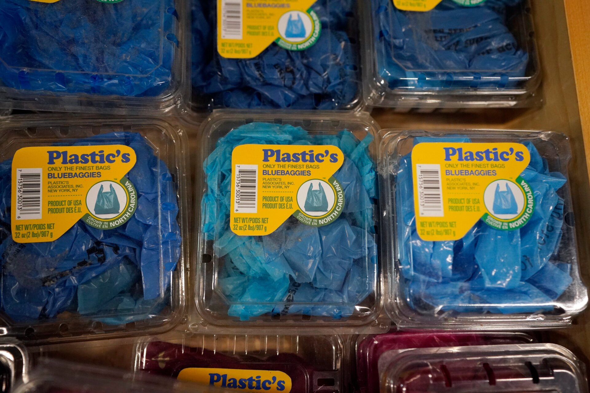 Blueberries made from disposable gloves.