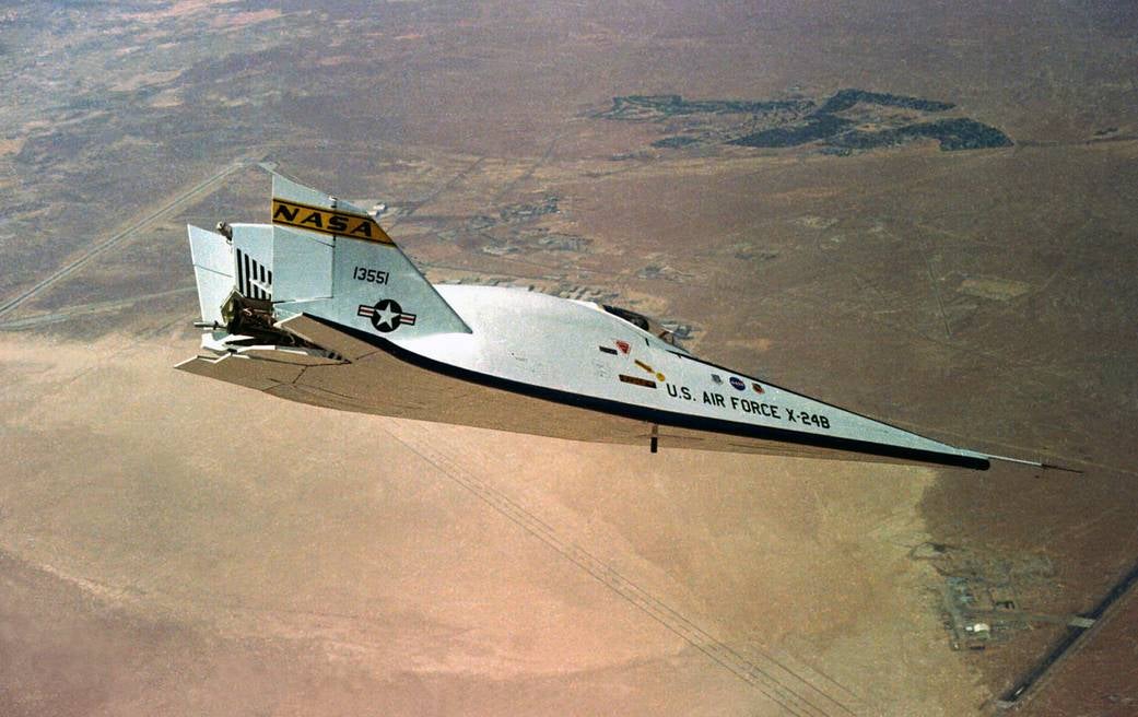 The X-24B in flight over NASA’s Dryden Flight Research Center in 1975.