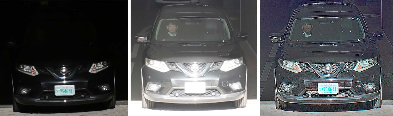Images of a car leaving a parking garage captured by a camera with a conventional sensor that either overexposes or under exposes parts of the image (left, center), compared to an image of the car captured by Canon’s new image sensor that properly exposes the entire frame (right).