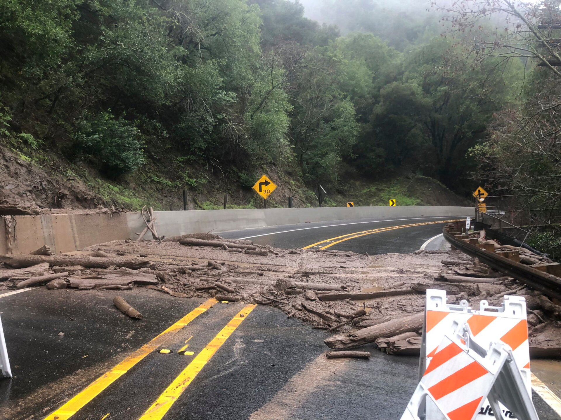 Niles Canyon Road in Alameda County was also covered in debris following a landslide. 
