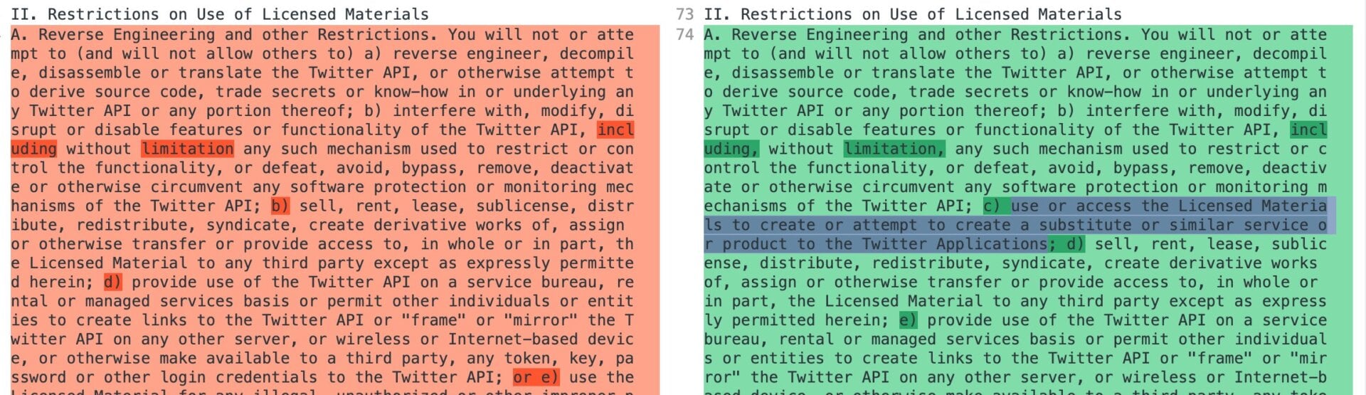 A previous version of Twitter’s developer agreement dated October 10, 2022 (right) and an updated version, including the new line about creating Twitter clones, dated January 19, 2023 (left). Blue highlight is Gizmodo’s.
