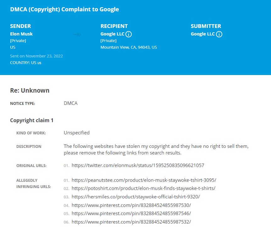 One of the many copyright claims “Elon Musk” has submitted to Google.