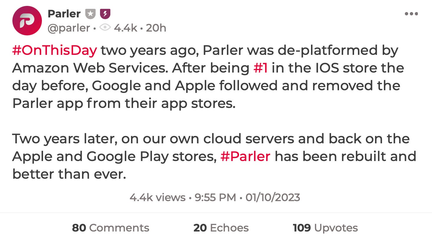 Things sure sound nice in Parler’s world. Too bad it’s not reality.