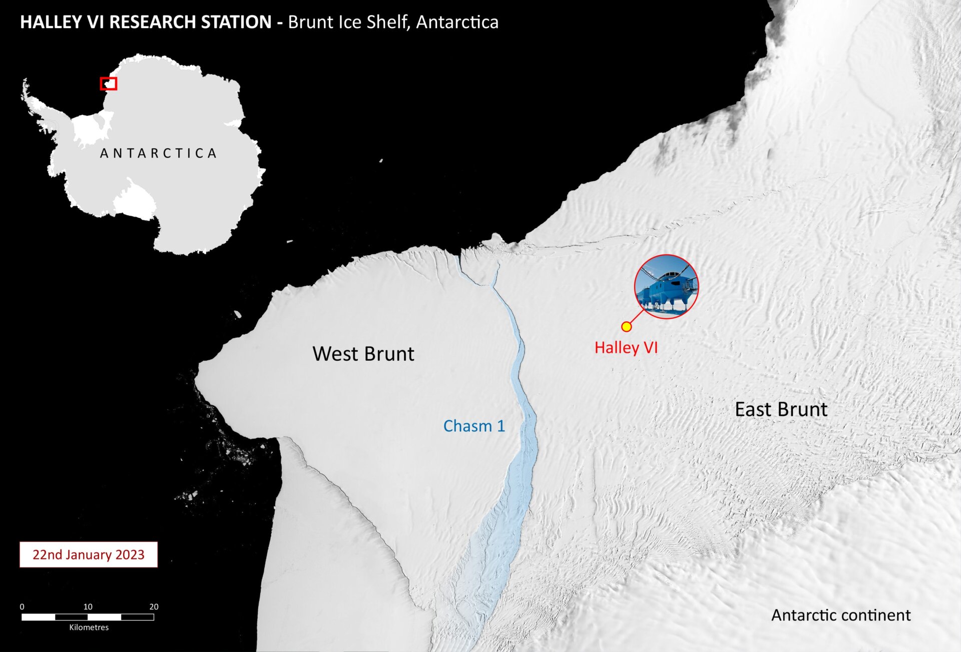 The Brunt Ice Shelf is located on the eastern coast of the Weddell Sea, in British and Argentinian claimed territory. 