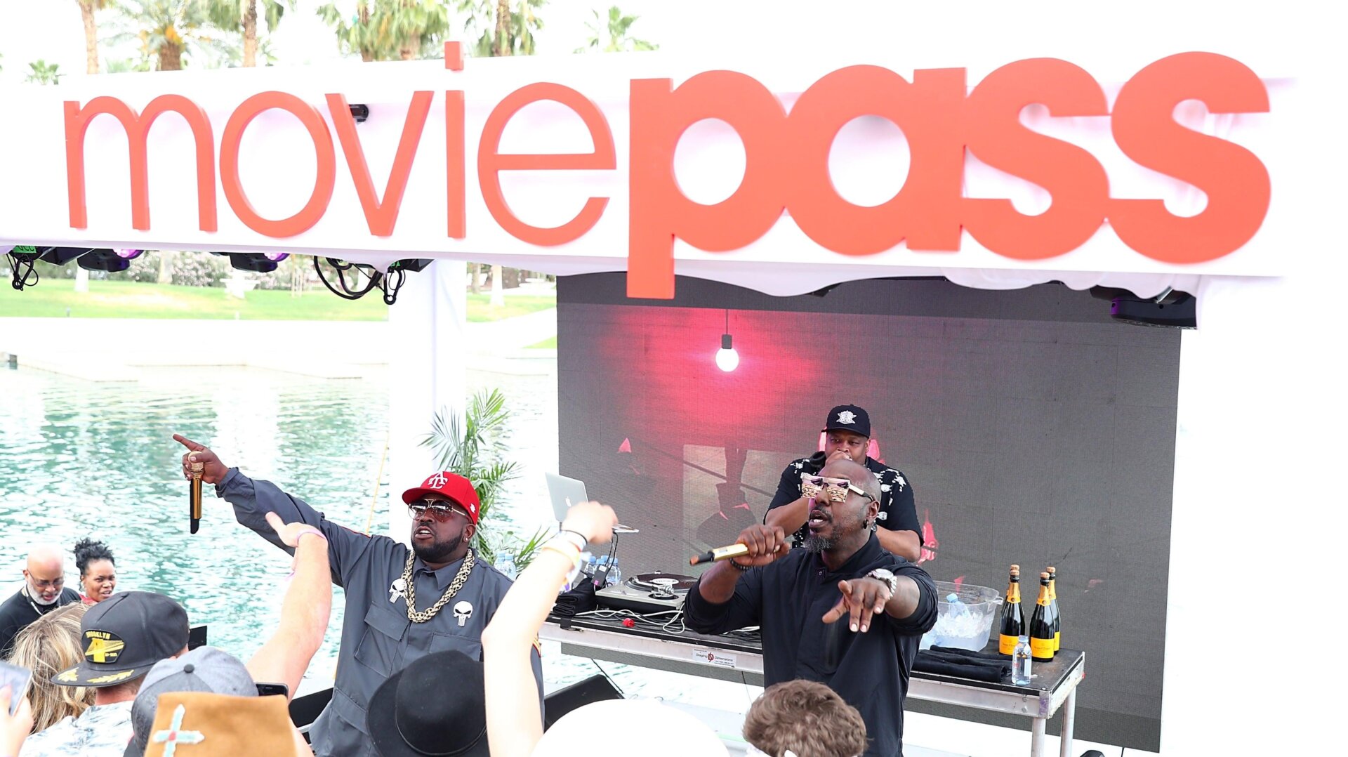 Rapper Big Boi (left) performs beneath a MoviePass sign in 2018. It was a simpler time.