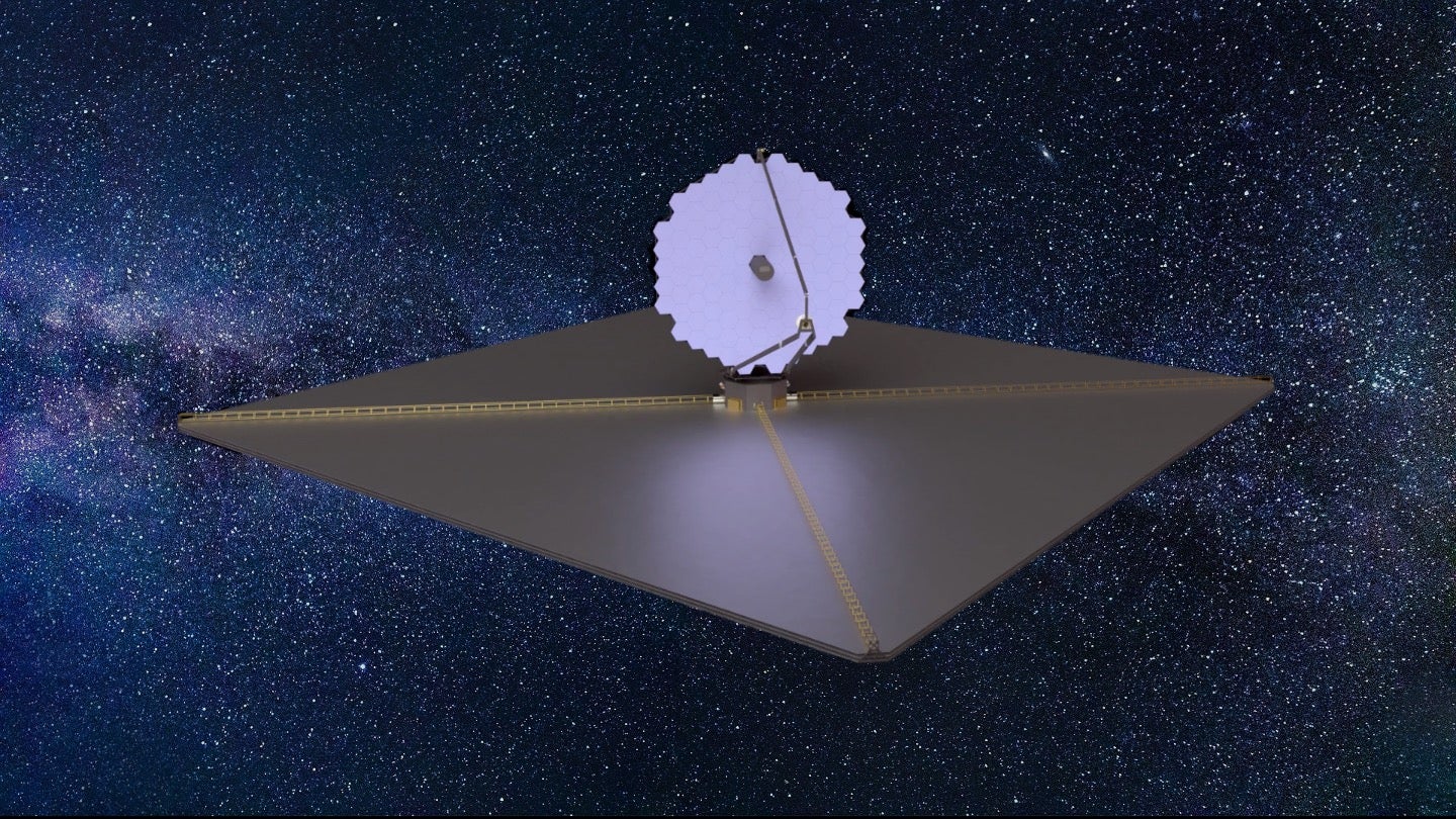 An artist’s concept of LUVOIR, a 15-meter telescope that was an early NASA concept for a future space telescope. The newly described Habitable Worlds Telescope wouldn’t be quite as large as this.