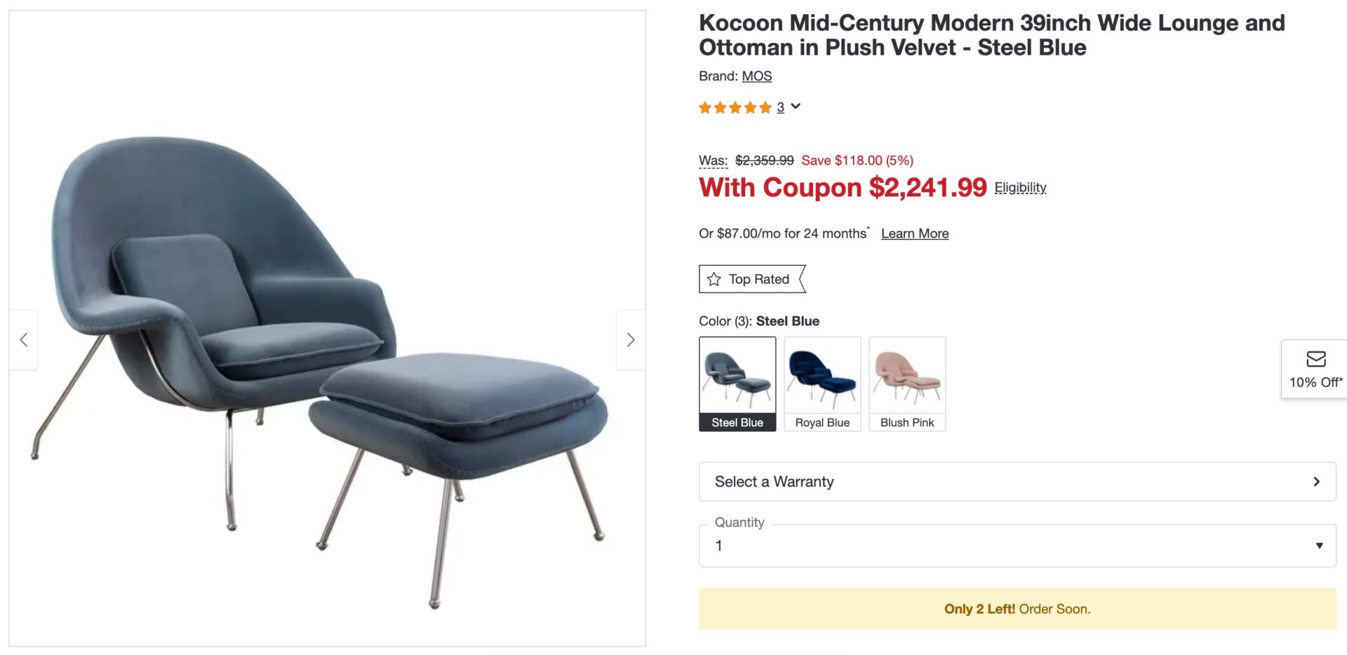 The copycat doesn’t save you much money, but the cheaper version does come with an ottoman and more color options.