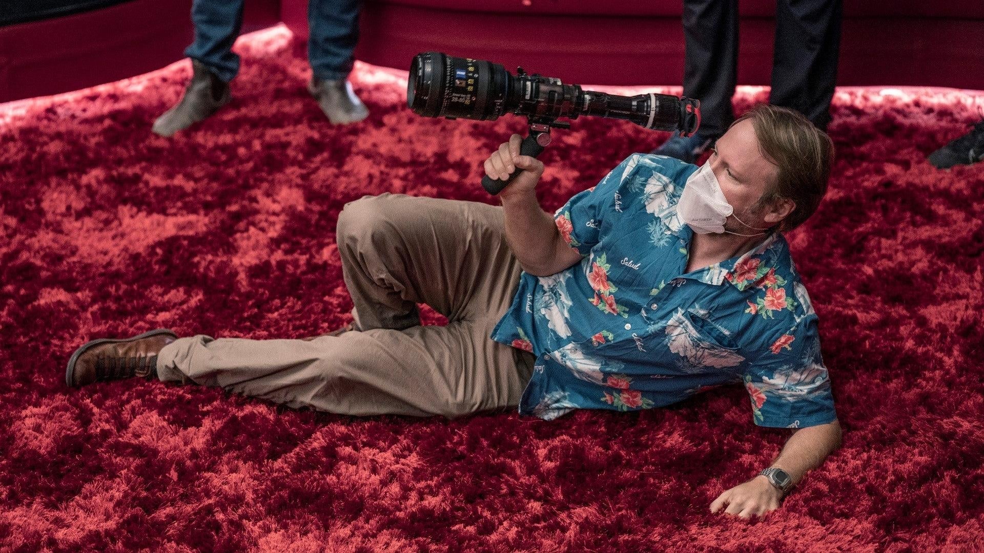 Johnson filming Glass Onion: A Knives Out Mystery.