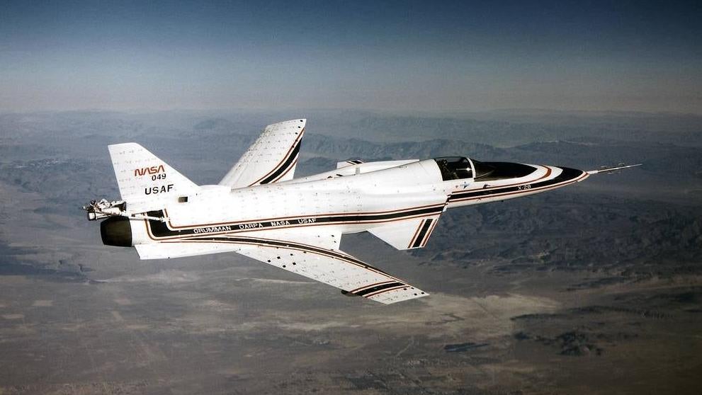 The X-29 flying over California in 1990.