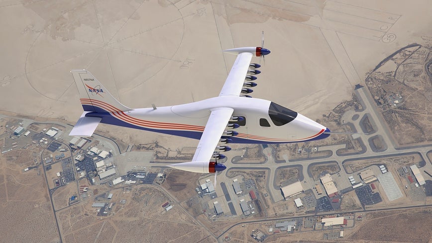 Concept art of the electric X-57 in flight (released March 2020).