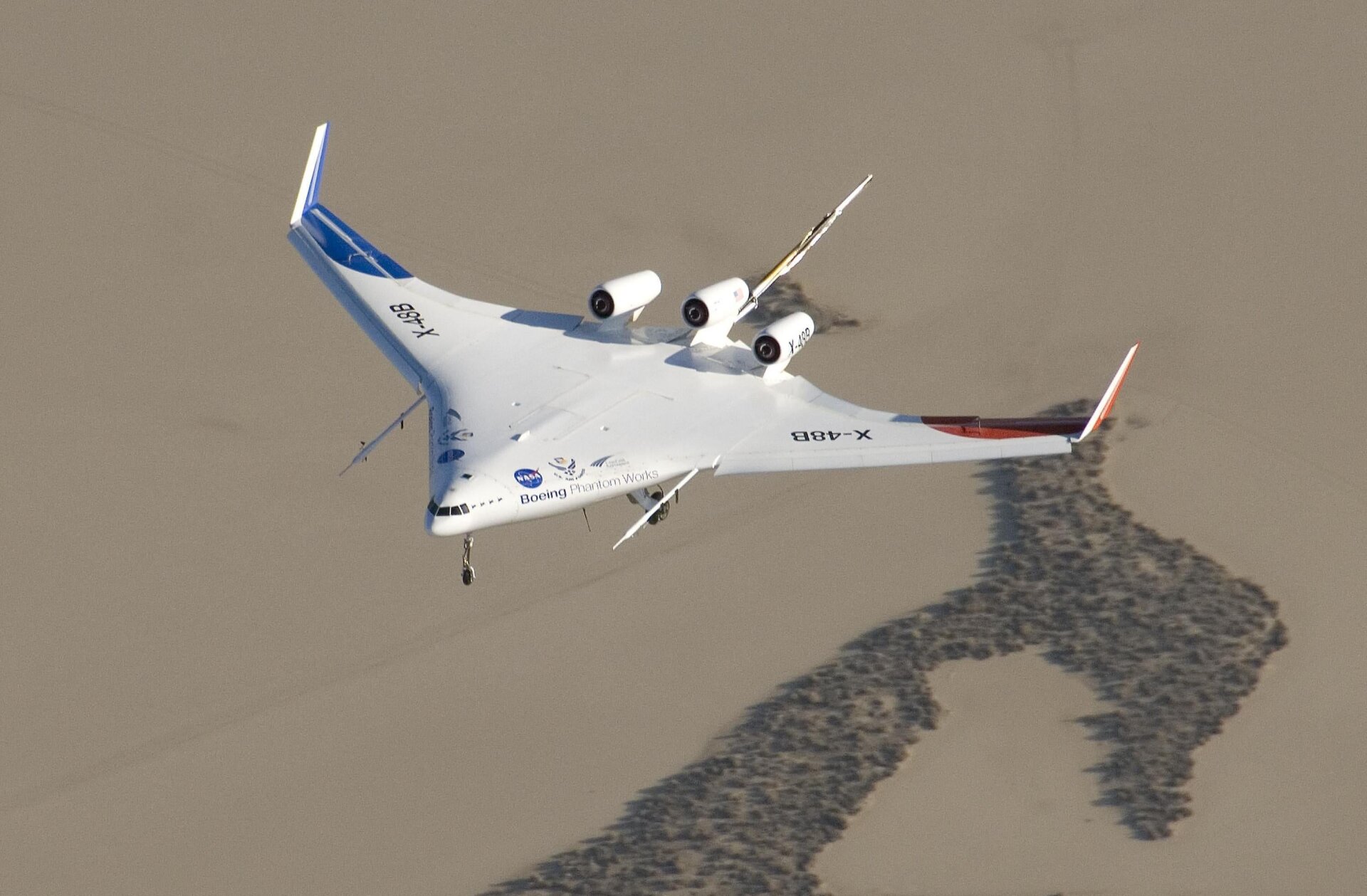 The X-48B flying over Rogers Dry Lake at Edwards Air Force Base in August 2007.