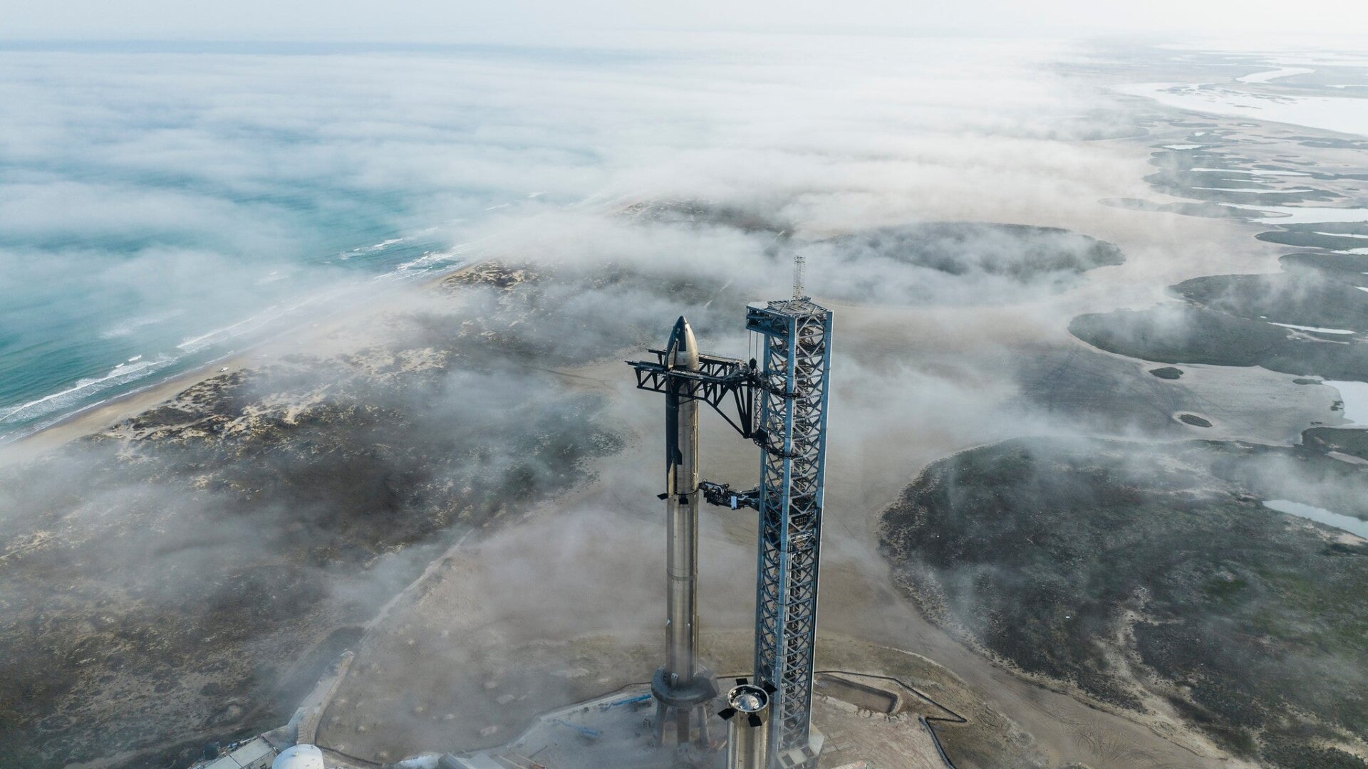 Fully stacked Starship prototype at the launch tower in Boca Chica, Texas, on January 9. 2023.
