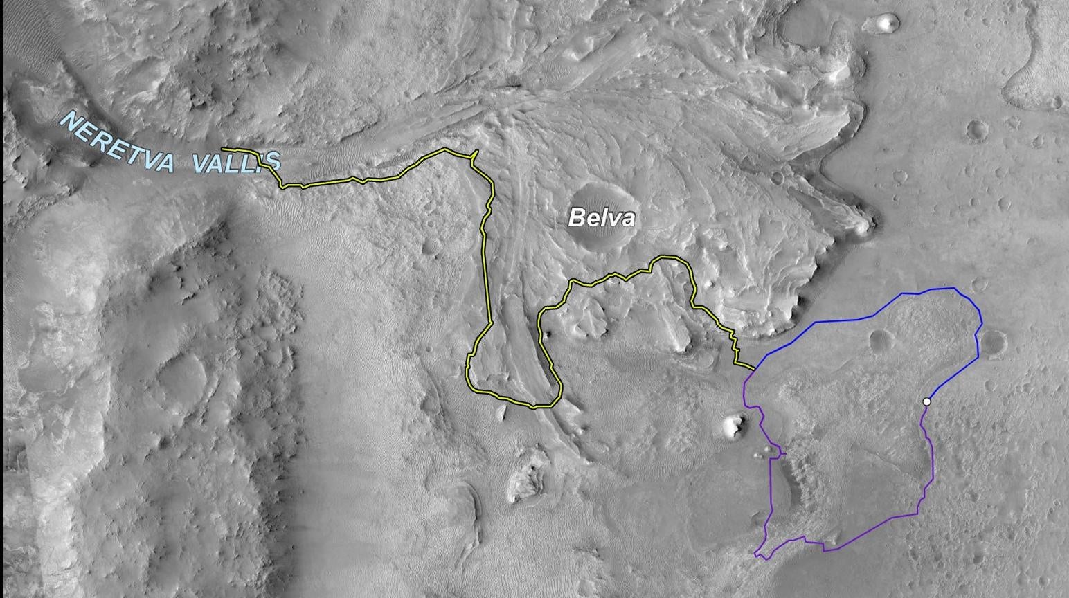 A map showing Perseverance’s possible path from its landing site. It ended up taking the blue path.